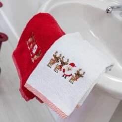 Allure Christmas Embroidered Santa Red & White Towel