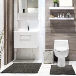 Waves Cotton Jacquard Bath & Pedestal Mat Set Charcoal