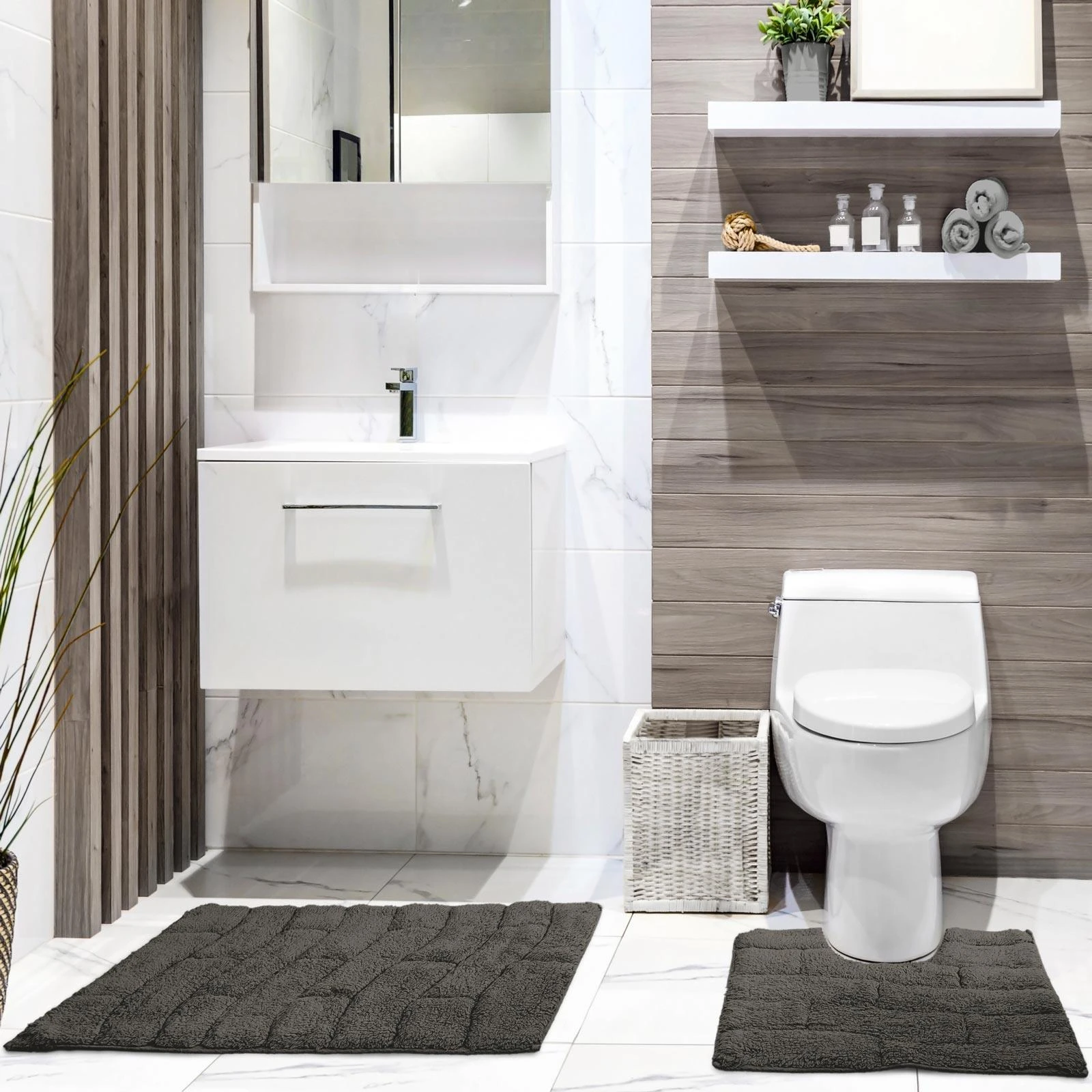 Waves Cotton Jacquard Bath & Pedestal Mat Set Charcoal 3 Waves Cotton Jacquard Bath & Pedestal Mat Set Charcoal