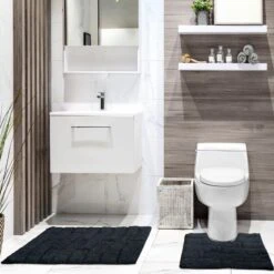 Waves Cotton Jacquard Bath & Pedestal Mat Set Black