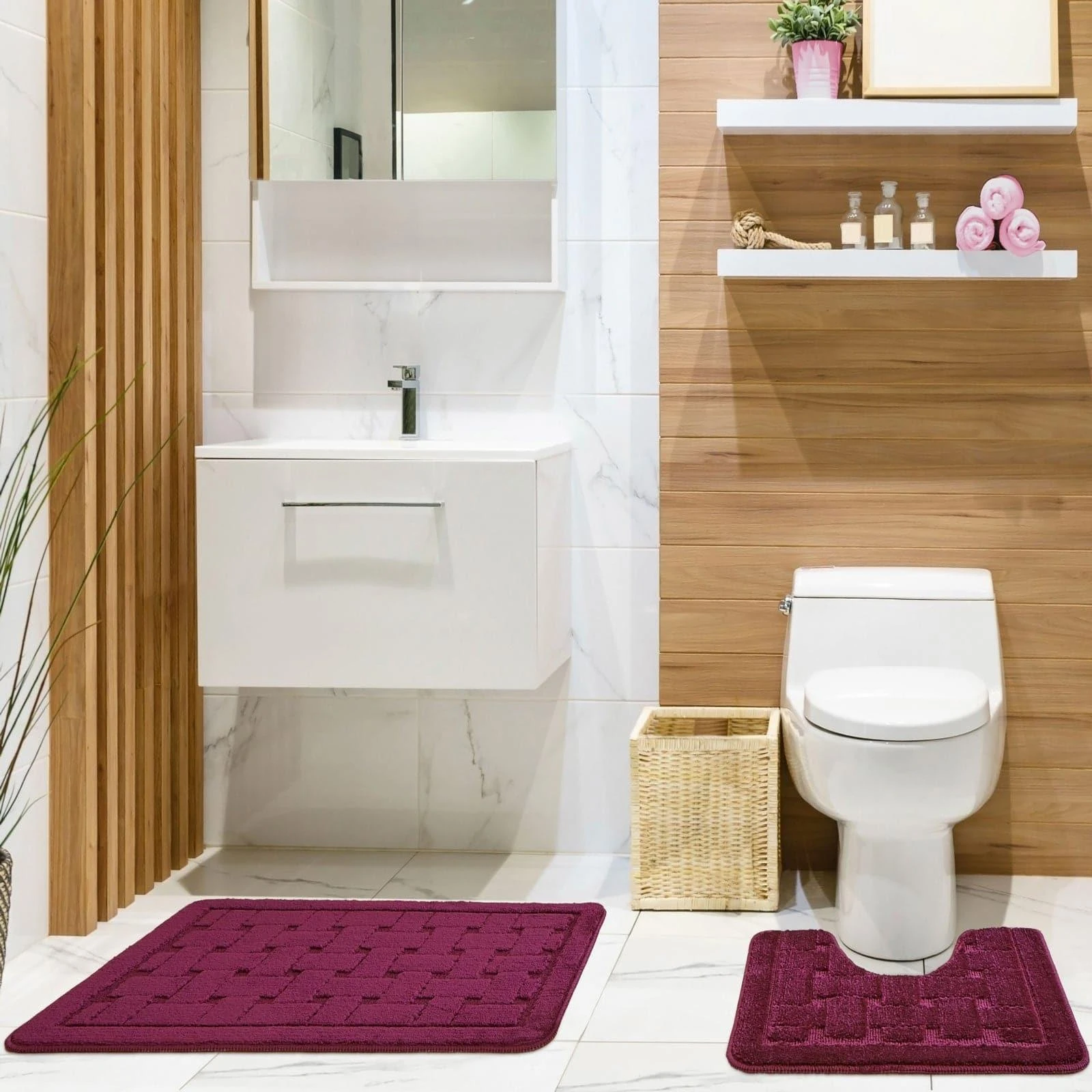 Orkney Non-Slip Bath & Pedestal Mat Set Wine 3 Orkney Non-Slip Bath & Pedestal Mat Set Wine