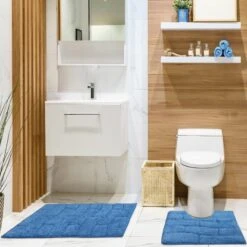 Waves Cotton Jacquard Bath & Pedestal Mat Set Cobalt