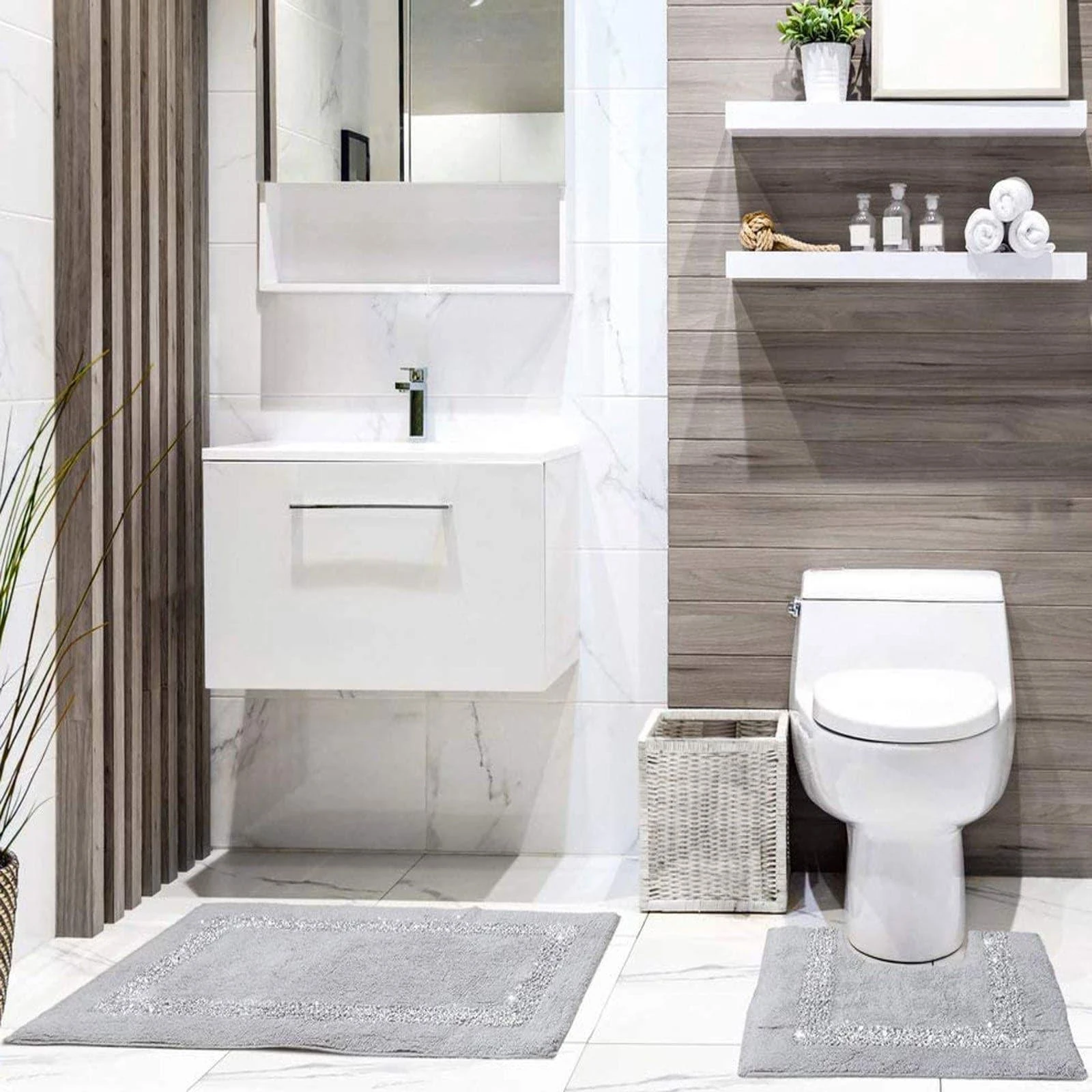 Brillaire Sparkle Bath & Pedestal Mat Set Silver 3 Brillaire Sparkle Bath & Pedestal Mat Set Silver