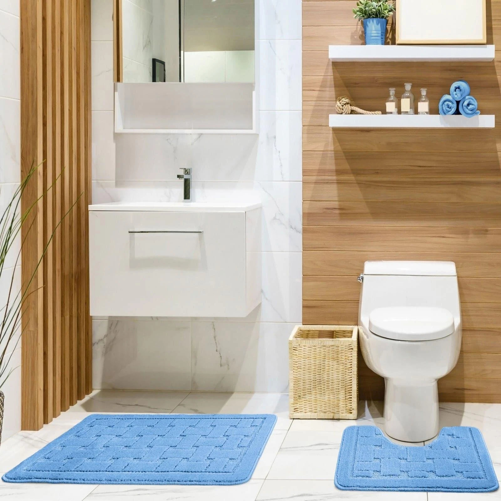 Orkney Non-Slip Bath & Pedestal Mat Set Blue 3 Orkney Non-Slip Bath & Pedestal Mat Set Blue