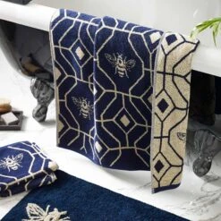 Furn Bee Deco Geometric Cotton Jacquard Towels Navy