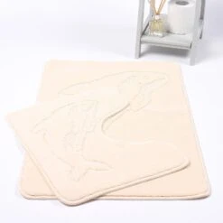 Ideal Dolphin Non-Slip Bath & Pedestal Mat Set Cream