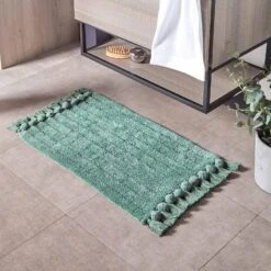 Ribbed Tassel Cotton Bath Mat Green