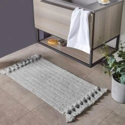 Ribbed Tassel Cotton Bath Mat Grey