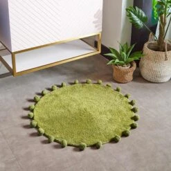 Furn Circle Pom Pom Cotton Bath Mat Olive