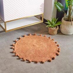 Furn Circle Pom Pom Cotton Bath Mat Pecan