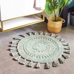 Circle Tassel Cotton Bath Mat Sage